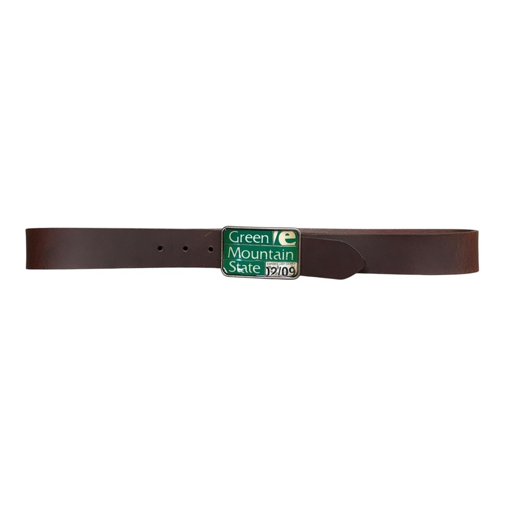 Handmade Vermont Green Mountain State License Plate Buckle Brown Leather Belt